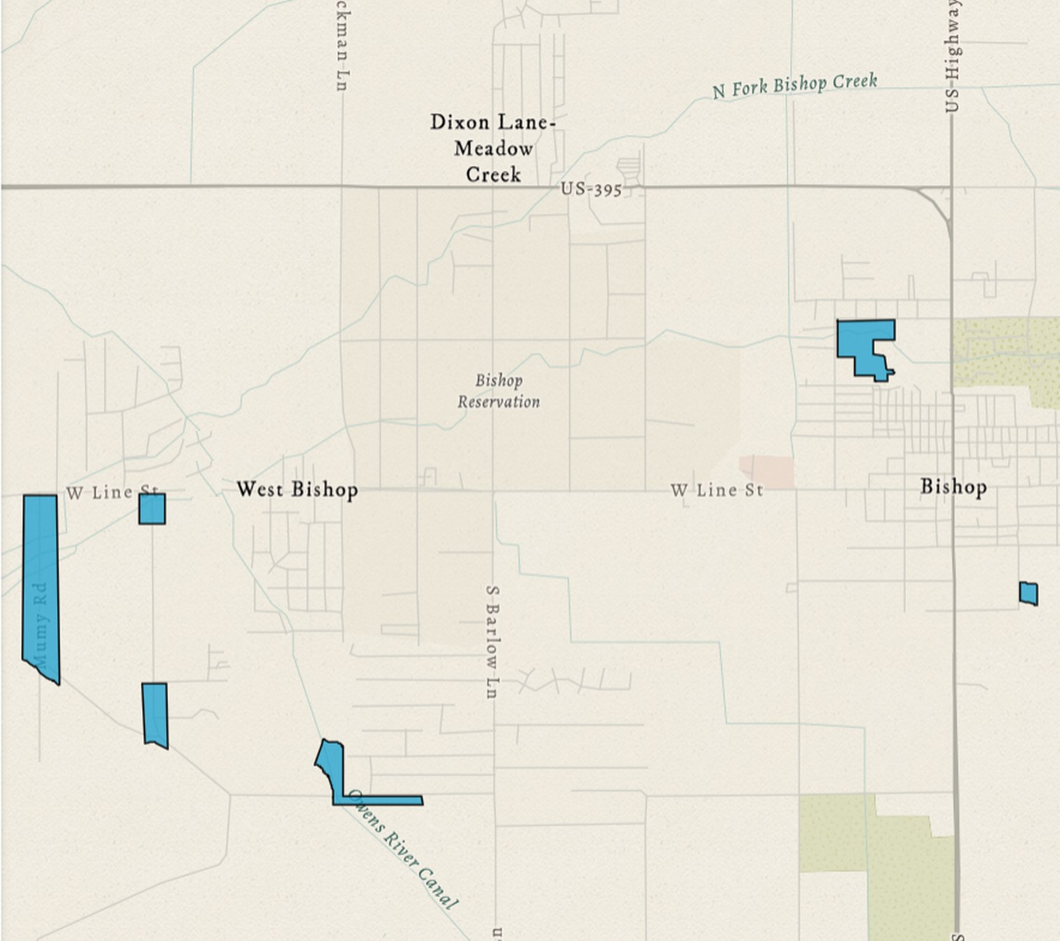 Map of the Bishop Riparian Resilience Project treatment areas, shown in blue, west of and within the City of Bishop